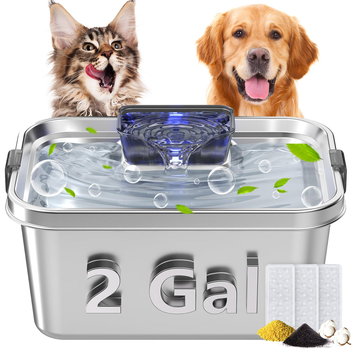 Large Dog Water Fountain 2 Gallon Stainless Steel 3 Filters Quiet