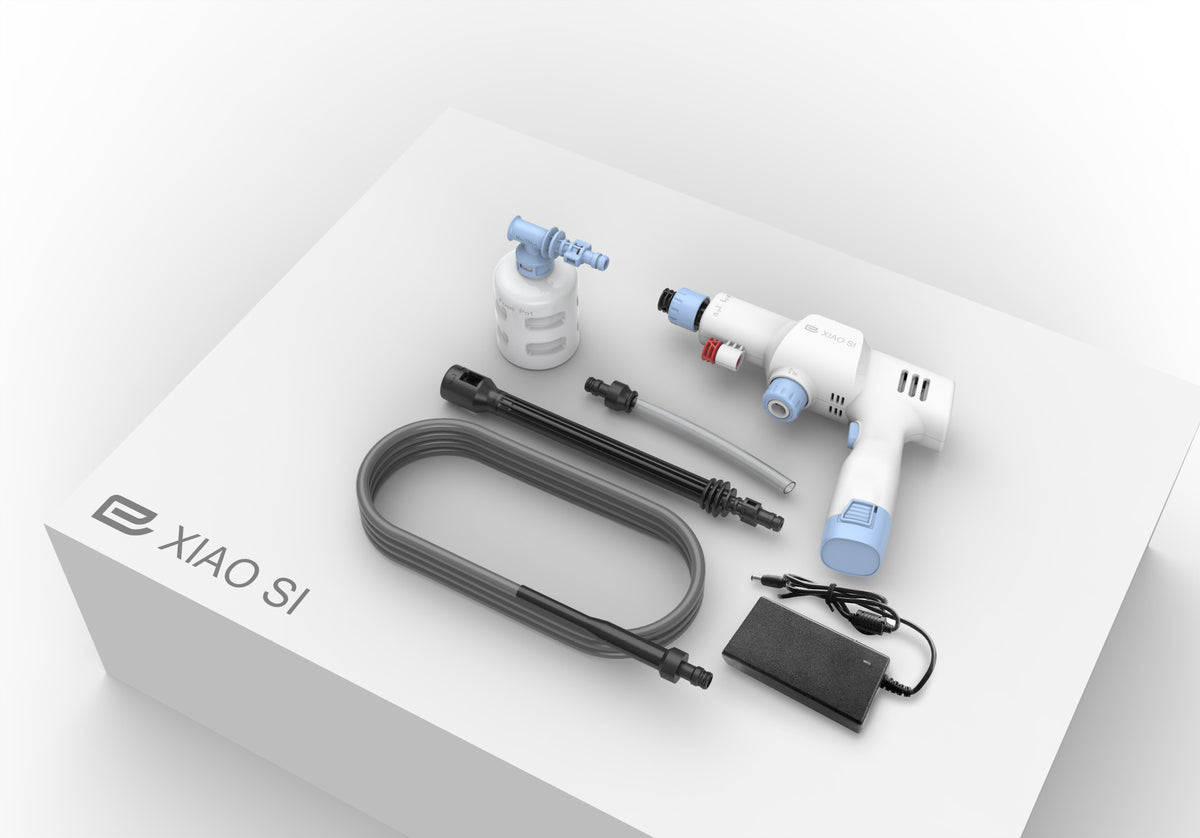 Cordless High Pressure Car Washer components including spray gun, hoses, and lithium battery.