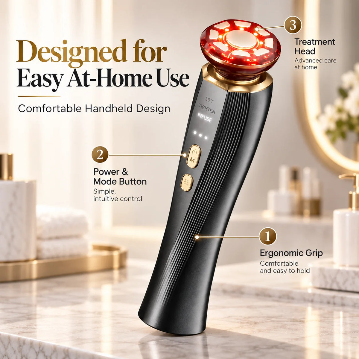 3-in-1 Red Light Therapy Facial Massager for Face & Neck, LED Skin Care Beauty Device with LIFT TIGHTEN INFUSE Modes, Face Sculpting Tool for Firming, Radiance & Serum Absorption, Handheld At-Home Skincare Tool for Women Men