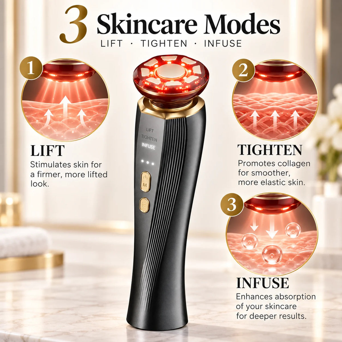 3-in-1 Red Light Therapy Facial Massager for Face & Neck, LED Skin Care Beauty Device with LIFT TIGHTEN INFUSE Modes, Face Sculpting Tool for Firming, Radiance & Serum Absorption, Handheld At-Home Skincare Tool for Women Men