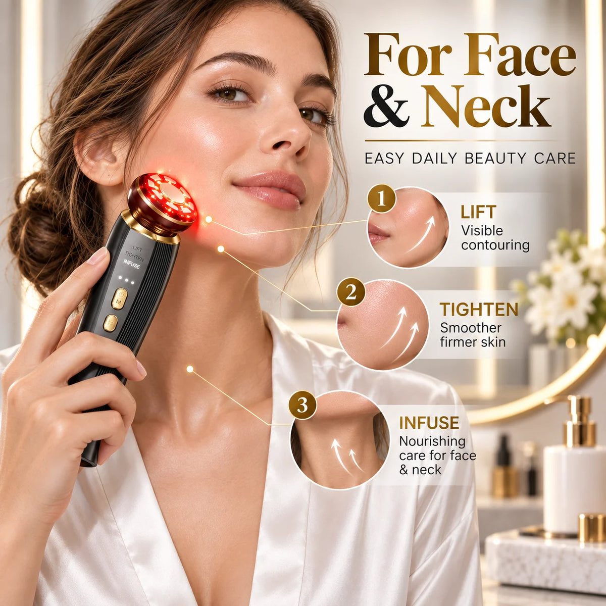 3-in-1 Red Light Therapy Facial Massager for Face & Neck, LED Skin Care Beauty Device with LIFT TIGHTEN INFUSE Modes, Face Sculpting Tool for Firming, Radiance & Serum Absorption, Handheld At-Home Skincare Tool for Women Men