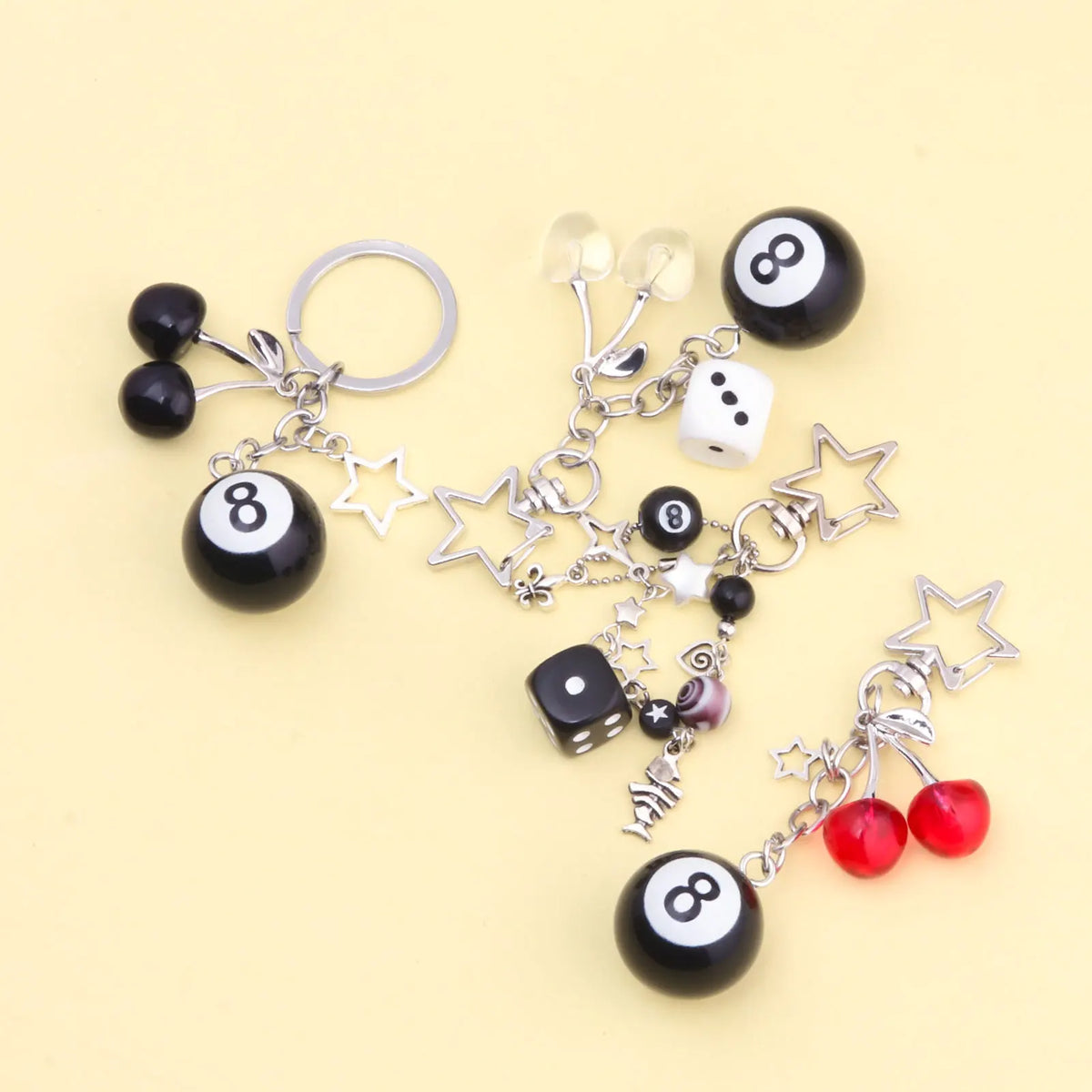 Fashion 8 Ball Fruit Cherry Dice Star Keychain Phone Accessories Y2K Handmade Creative No. 8 Black Billiards Key Ring Jewelry