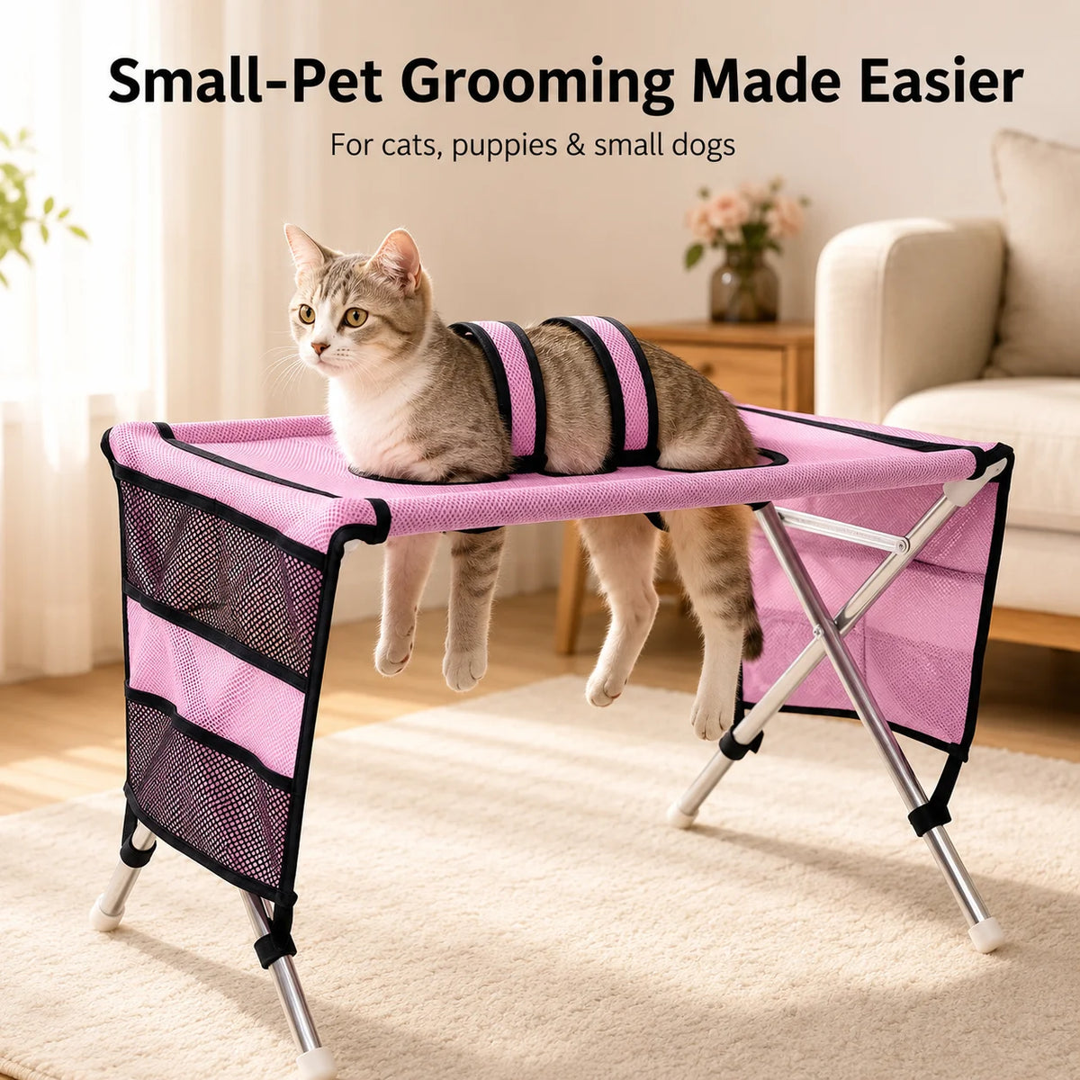 Upgraded Small Dog Cat Grooming Stand Foldable Pet Care Rack Adjustable Restraint Mesh Bathing Drying Nail Trimming Holder