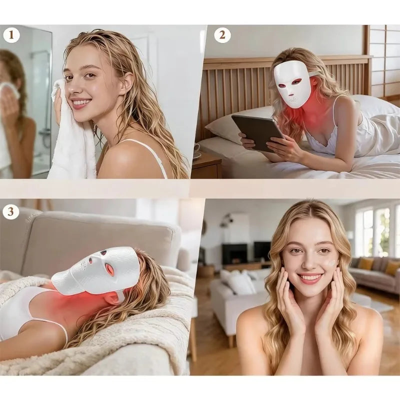 Ultra‑Lightweight Facial & Neck Beauty Device, 7‑Color Photon Therapy Mask with Detachable Neck Attachment, Wireless Portable Home Spa Skin Care Tool, Ceramic White