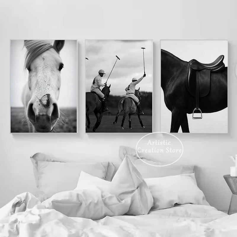 Black and White Polo Sports Black Horse Equestrian Lifestyle Photography Fine Art Poster Canvas Painting Wall Picture Home Decor