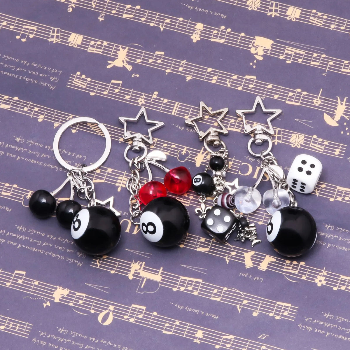 Fashion 8 Ball Fruit Cherry Dice Star Keychain Phone Accessories Y2K Handmade Creative No. 8 Black Billiards Key Ring Jewelry