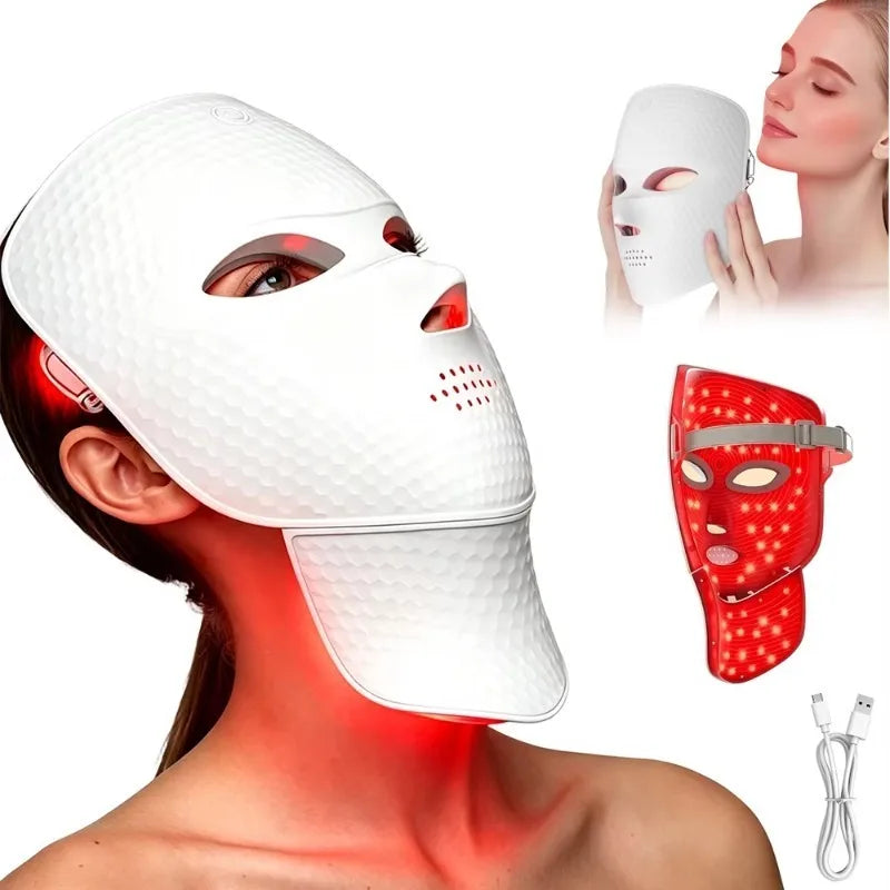 Ultra‑Lightweight Facial & Neck Beauty Device, 7‑Color Photon Therapy Mask with Detachable Neck Attachment, Wireless Portable Home Spa Skin Care Tool, Ceramic White