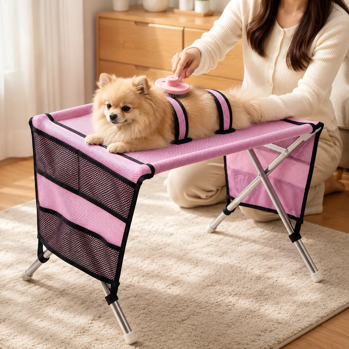 Upgraded Small Dog Cat Grooming Stand Foldable Pet Care Rack Adjustable Restraint Mesh Bathing Drying Nail Trimming Holder