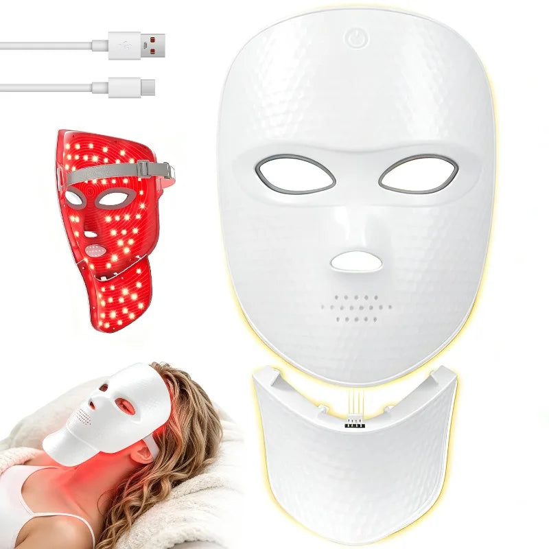 Ultra‑Lightweight Facial & Neck Beauty Device, 7‑Color Photon Therapy Mask with Detachable Neck Attachment, Wireless Portable Home Spa Skin Care Tool, Ceramic White