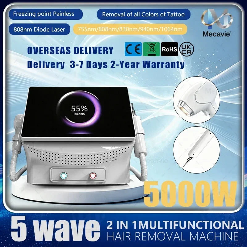808nm Diode Laser High Efficiency Hair Removal Machine 5 Waves Painless Permanent Portable 5000W Beauty Salon Cooling Handle