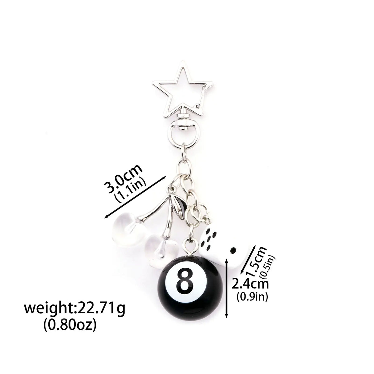 Fashion 8 Ball Fruit Cherry Dice Star Keychain Phone Accessories Y2K Handmade Creative No. 8 Black Billiards Key Ring Jewelry
