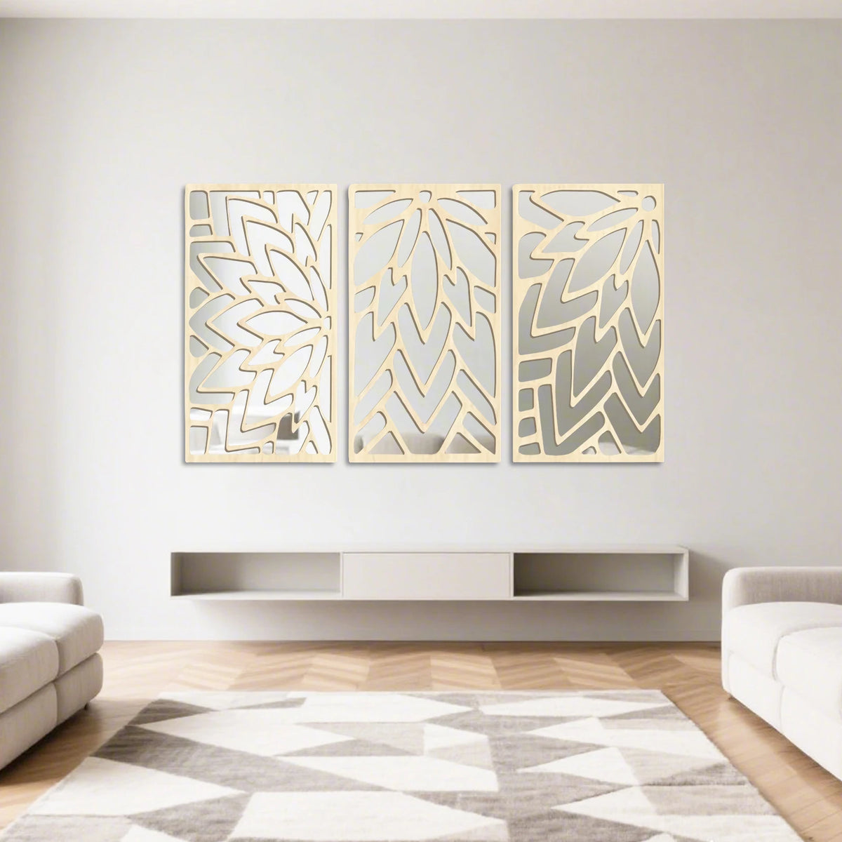 3Pcs 2D 16in Wooden Acrylic Double-Layer Wall Mirror Hollow Leaf Design Refined Lifestyle Artistic Home Decorative Mirror