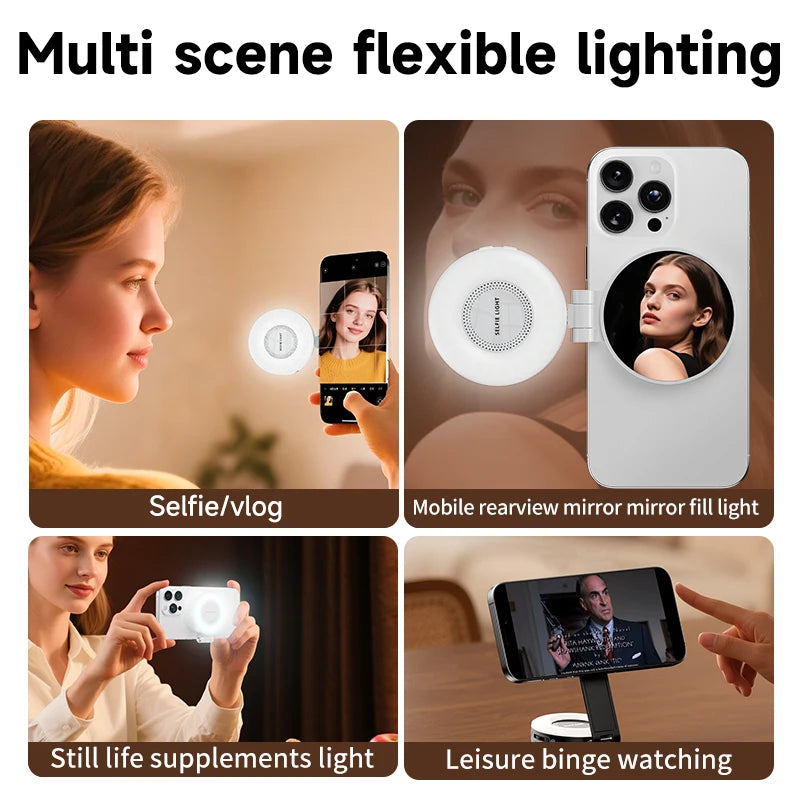3-in-1 Magnetic LED Selfie Light Phone Holder Makeup Mirror for Magsafe Adjustable Brightness Short Video Phone Accessories