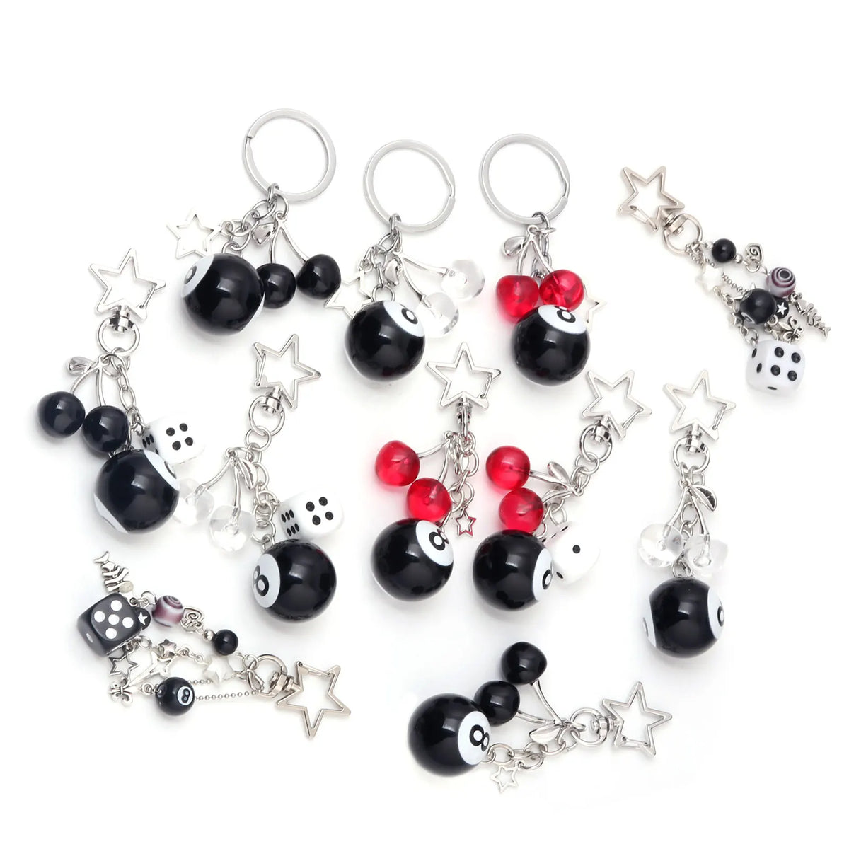 Fashion 8 Ball Fruit Cherry Dice Star Keychain Phone Accessories Y2K Handmade Creative No. 8 Black Billiards Key Ring Jewelry