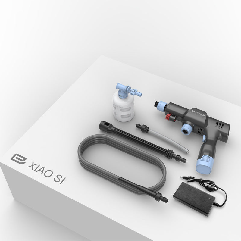 Cordless High Pressure Car Washer with accessories including battery, hose, and nozzle on a white background.