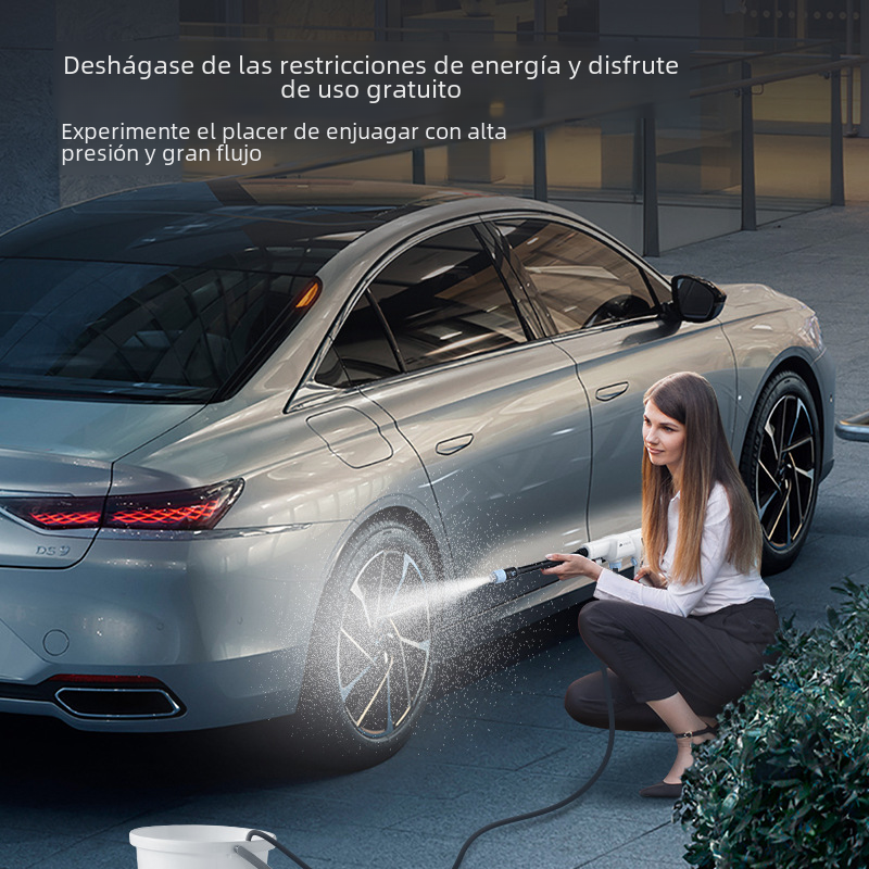 Woman using Cordless High Pressure Car Washer to clean her car&