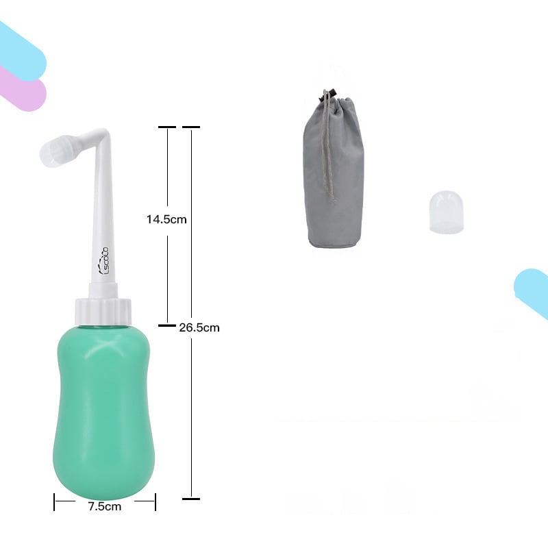 Portable Female Washer shown with a green bottle, nozzle, gray storage bag, and dimensions for personal care.