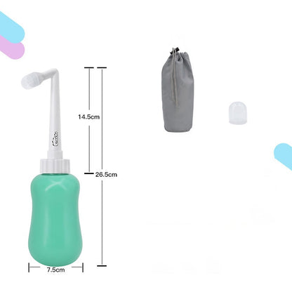 Portable Female Washer shown with a green bottle, nozzle, gray storage bag, and dimensions for personal care.