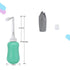 Portable Female Washer shown with a green bottle, nozzle, gray storage bag, and dimensions for personal care.
