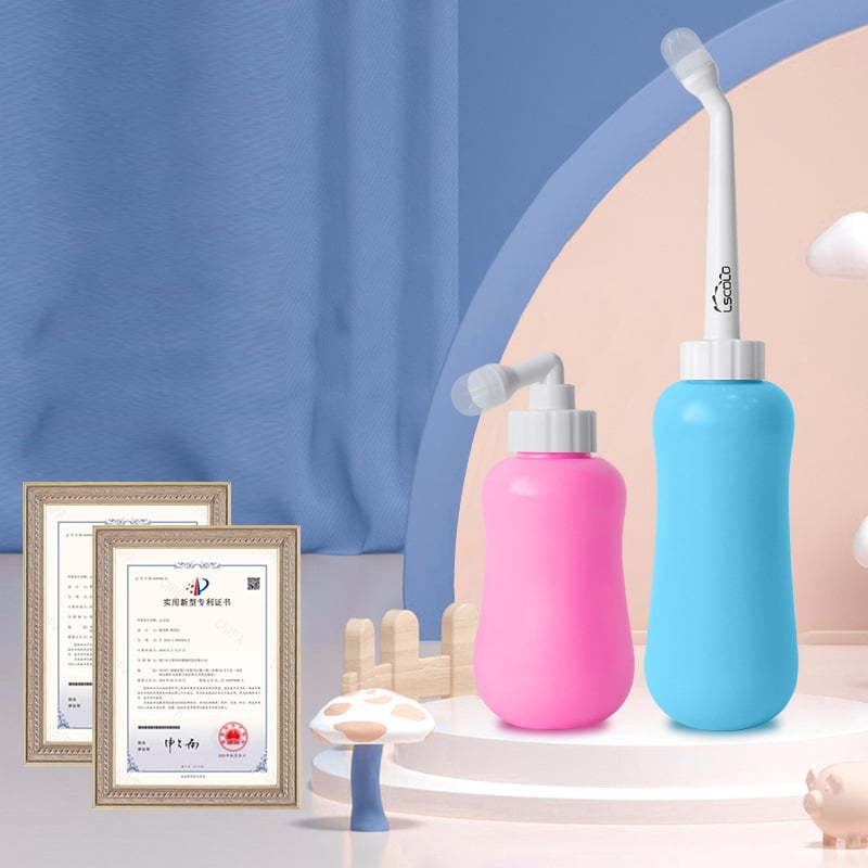 Portable Female Washer – pink and blue bottles for personal care hygiene.