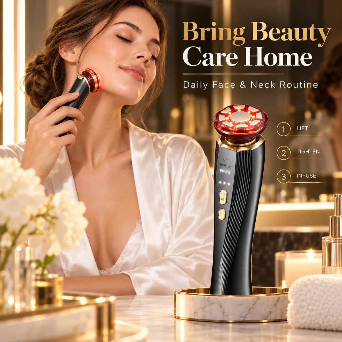 3-in-1 Red Light Therapy Facial Massager for Face & Neck, LED Skin Care Beauty Device with LIFT TIGHTEN INFUSE Modes, Face Sculpting Tool for Firming, Radiance & Serum Absorption, Handheld At-Home Skincare Tool for Women Men