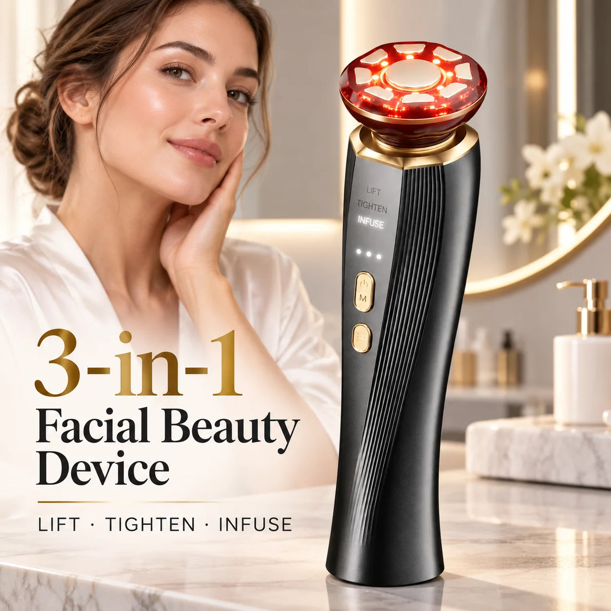 3-in-1 Red Light Therapy Facial Massager for Face & Neck, LED Skin Care Beauty Device with LIFT TIGHTEN INFUSE Modes, Face Sculpting Tool for Firming, Radiance & Serum Absorption, Handheld At-Home Skincare Tool for Women Men
