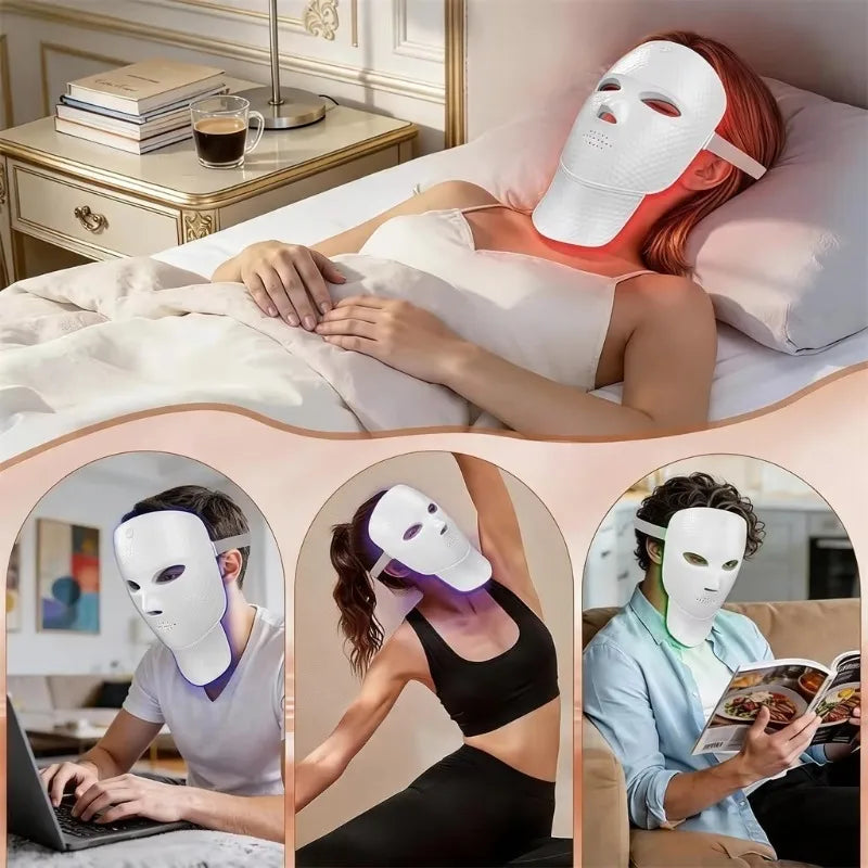 Ultra‑Lightweight Facial & Neck Beauty Device, 7‑Color Photon Therapy Mask with Detachable Neck Attachment, Wireless Portable Home Spa Skin Care Tool, Ceramic White