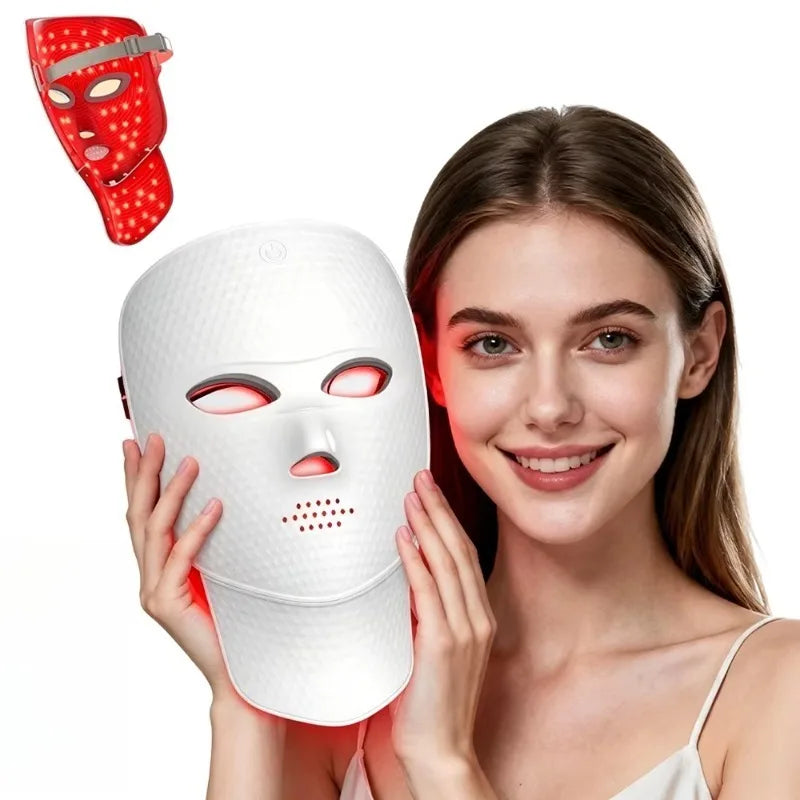 Ultra‑Lightweight Facial & Neck Beauty Device, 7‑Color Photon Therapy Mask with Detachable Neck Attachment, Wireless Portable Home Spa Skin Care Tool, Ceramic White