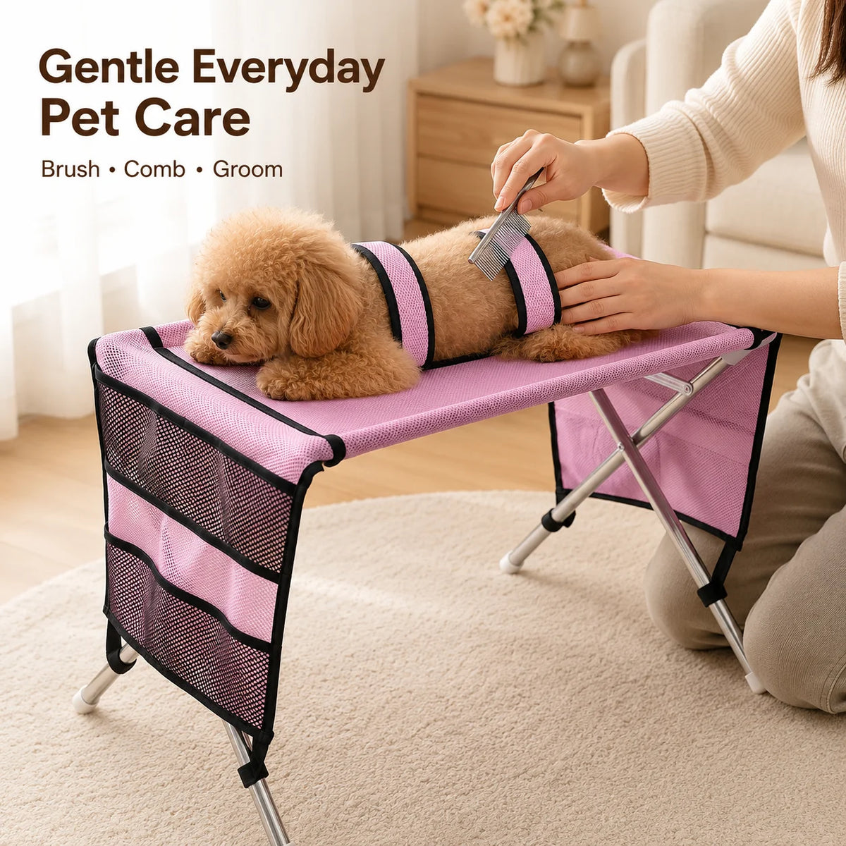 Upgraded Small Dog Cat Grooming Stand Foldable Pet Care Rack Adjustable Restraint Mesh Bathing Drying Nail Trimming Holder