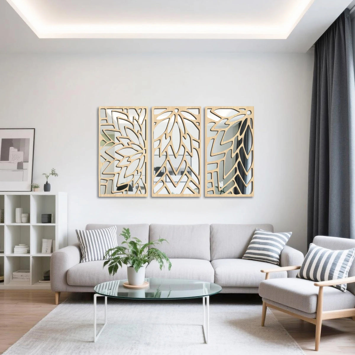 3Pcs 2D 16in Wooden Acrylic Double-Layer Wall Mirror Hollow Leaf Design Refined Lifestyle Artistic Home Decorative Mirror