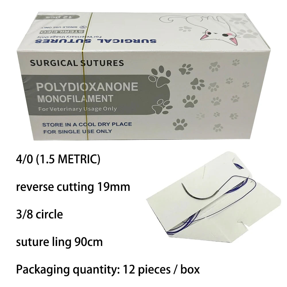 12pcs Pet Specific PDO 3/8 Circle 90CM With Needle 2/0 3/0 4/0 5/0 round bodied / reverse cutting Animal Cat Dog Pet Care Room