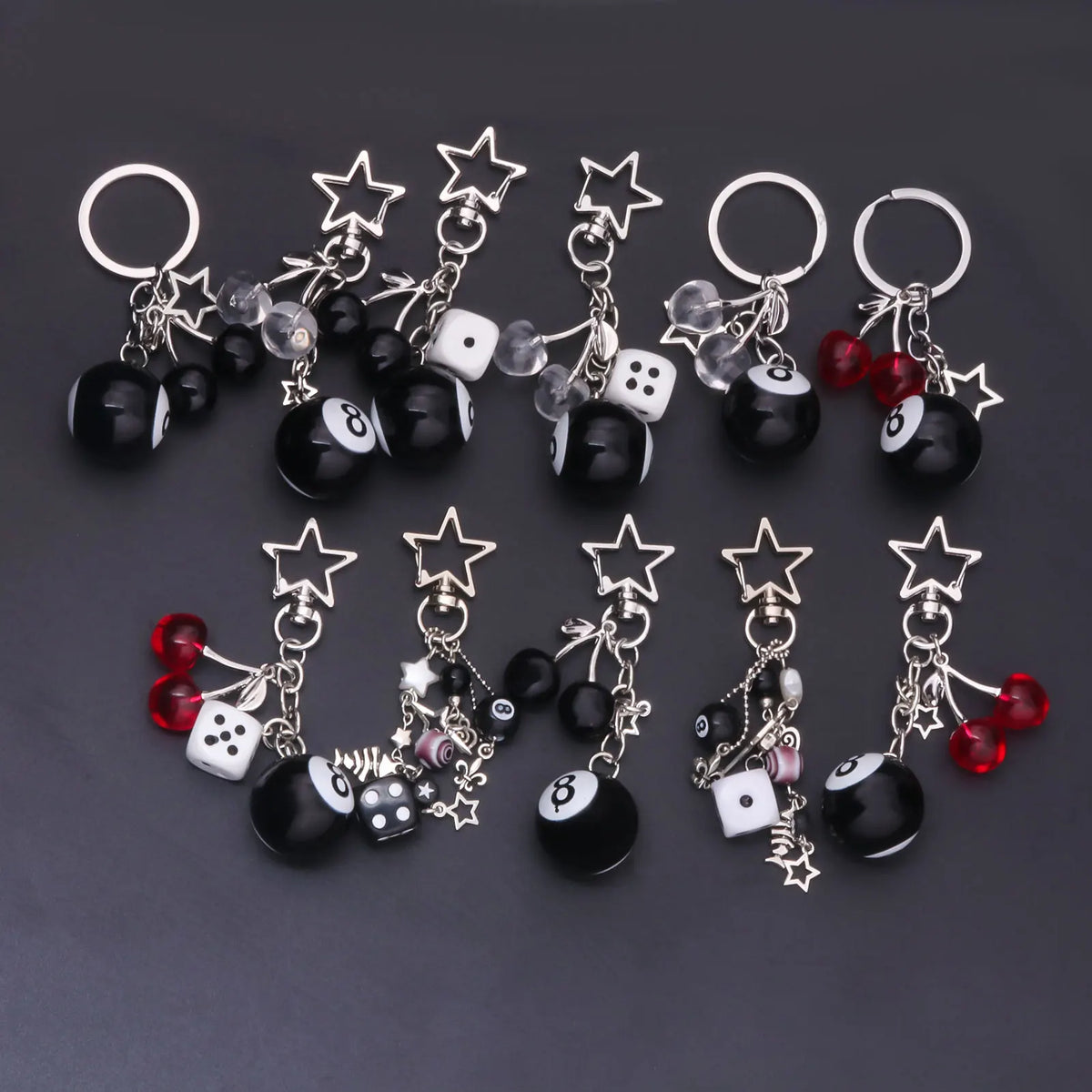 Fashion 8 Ball Fruit Cherry Dice Star Keychain Phone Accessories Y2K Handmade Creative No. 8 Black Billiards Key Ring Jewelry
