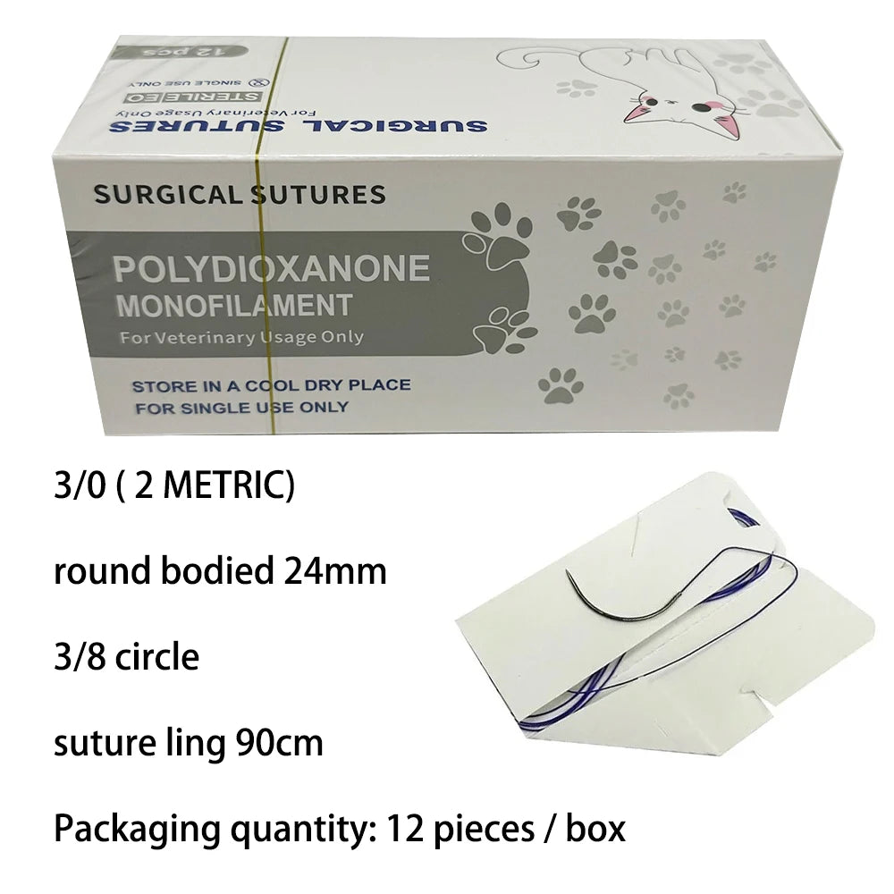 12pcs Pet Specific PDO 3/8 Circle 90CM With Needle 2/0 3/0 4/0 5/0 round bodied / reverse cutting Animal Cat Dog Pet Care Room