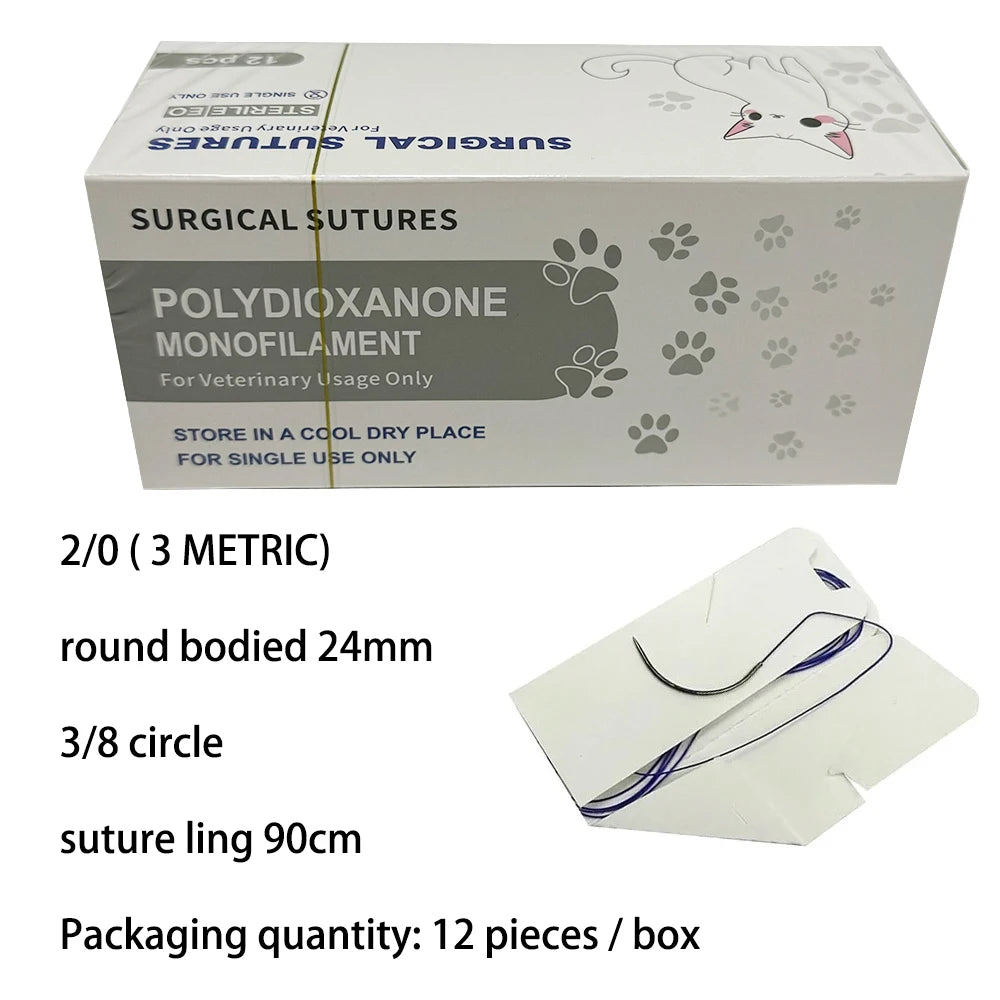 12pcs Pet Specific PDO 3/8 Circle 90CM With Needle 2/0 3/0 4/0 5/0 round bodied / reverse cutting Animal Cat Dog Pet Care Room