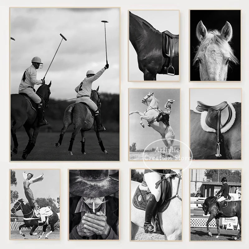 Black and White Polo Sports Black Horse Equestrian Lifestyle Photography Fine Art Poster Canvas Painting Wall Picture Home Decor