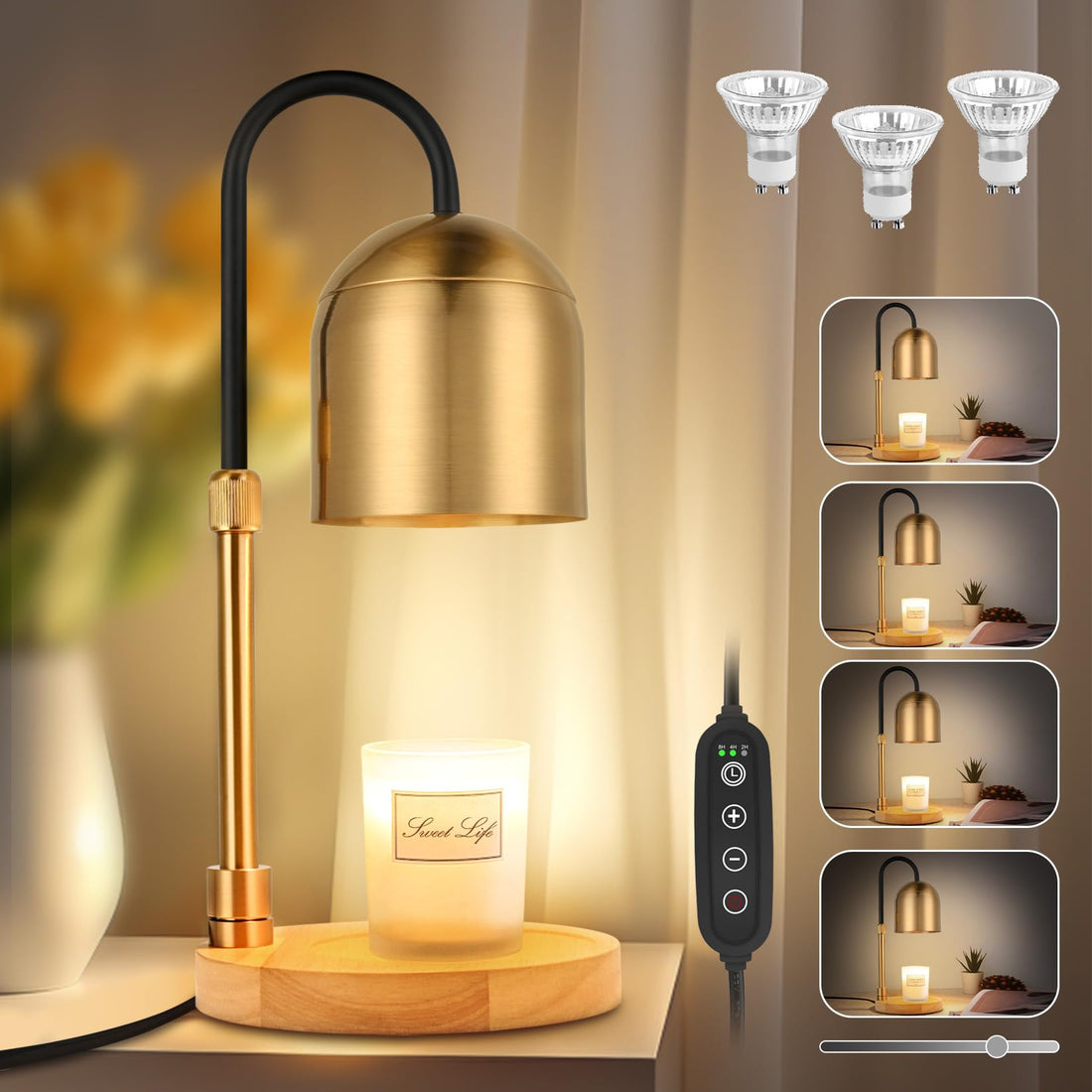 Gold Candle Warmer Lamp Dimmable with Timer 3 Bulbs Included