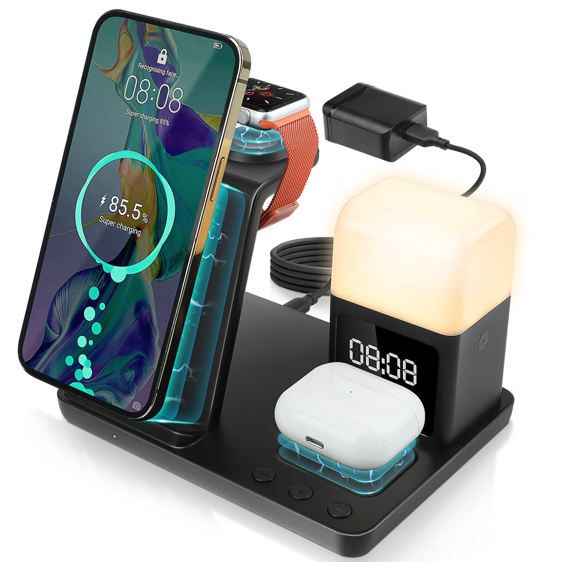 6 in 1 Wireless Charging Station with Alarm Clock Night Light