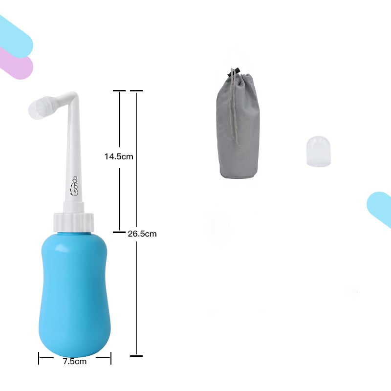 Portable Female Washer blue bottle and gray carrying pouch for personal care hygiene.