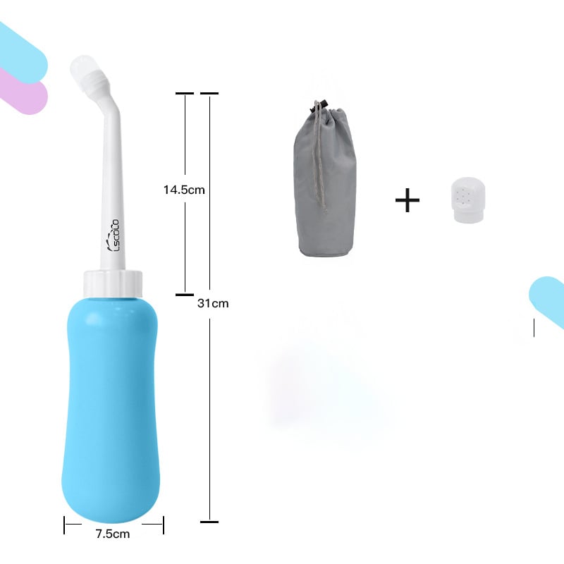 Portable Female Washer with a blue body, nozzle, travel bag, and cap for personal care and hygiene.