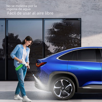 User cleaning a blue car with a Cordless High Pressure Car Washer outdoors, showcasing convenience and mobility.