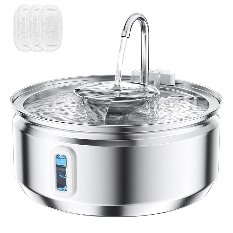 Cat Water Fountain 3.2L Stainless Steel Water Level Window 3 Filters