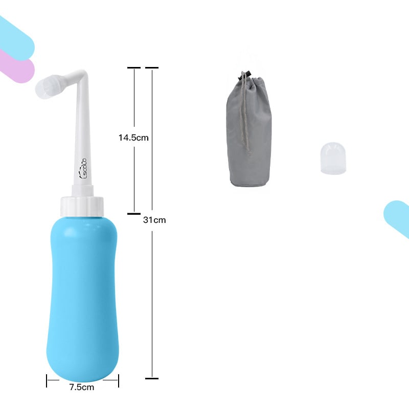 Portable Female Washer shown with dimensions, a blue bottle, and a grey carrying case.